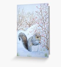 Cute grey squirrel snow scene wildlife art Greeting Card