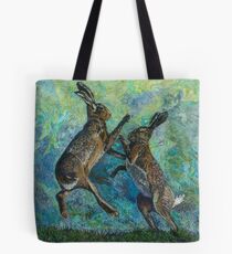 Boxing Hares Embroidery - Textile Art Tote Bag