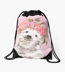 Little Polar Bear with Flowers Crown Drawstring Bag
