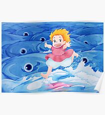 Ponyo Runs on Water with the Big Fishes - Ghibli Poster