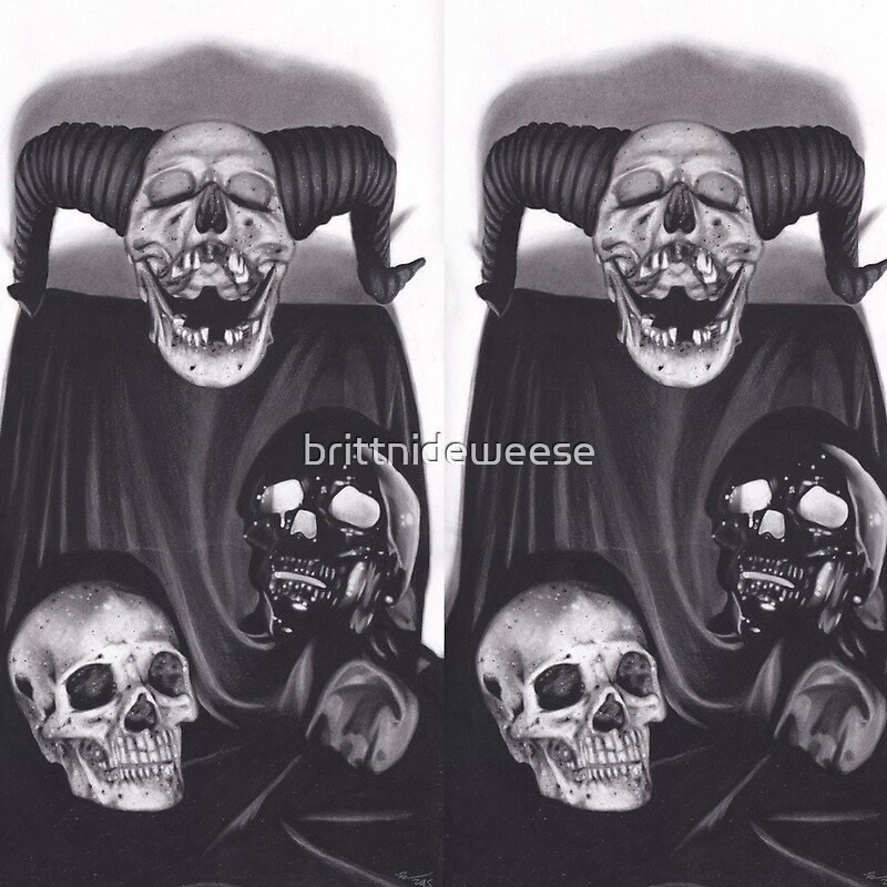 realism charcoal drawing of devil skull black skull and human skull
