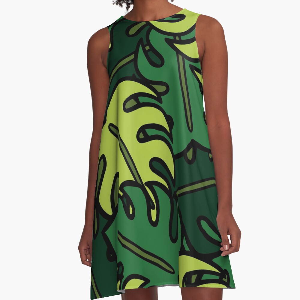 Monstera Leaf Pattern A-Line Dress