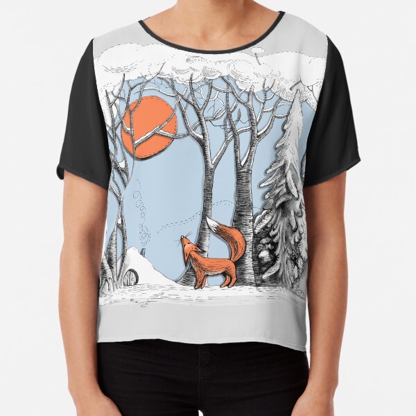 Winter forest landscape with fox and owl. Chiffon Top