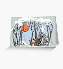 Winter forest landscape with fox and owl. Greeting Card