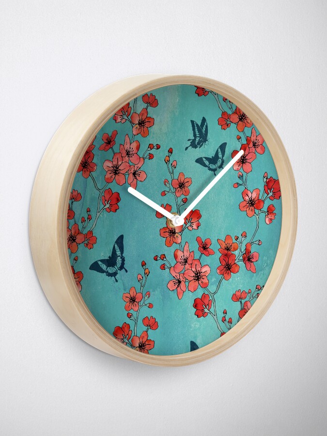 Alternate view of Sakura butterflies in turquoise Clock