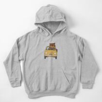 Brown bear driving a yellow retro Fiat 500 Kids Pullover Hoodie