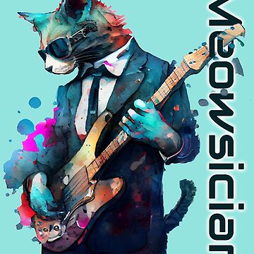 Poster for Sale avec l'œuvre « Jeu de mots de chat cool pour les musiciens  - meowsician - musicien de jazz, chat jouant de la guitare électrique à  l'aquarelle » de l'artiste