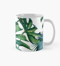 Classic Green Tropical Monstera Leaf and Palm Leaves on White Mug
