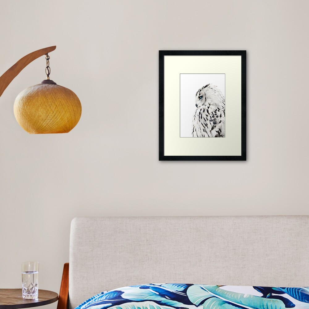 White owl print, polar bird Scandinavian art Framed Art Print