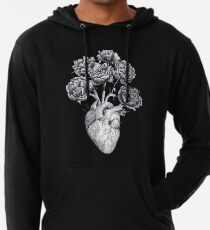 Herz mit Pfingstrosen B & W auf Schwarzem Leichter Hoodie