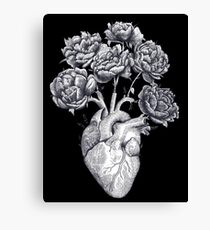 Heart with peonies B&W on black Canvas Print