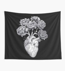 Heart with peonies B&W on black Wall Tapestry