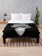 Heart with peonies B&W on black Throw Blanket