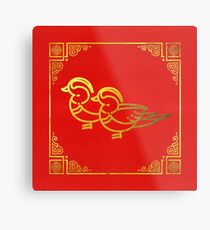 Golden Mandarin Ducks Feng Shui Symbol on Faux Leather Metal Print