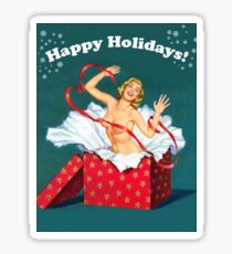 Happy holidays! Topless pin-up coming from a big gift Sticker