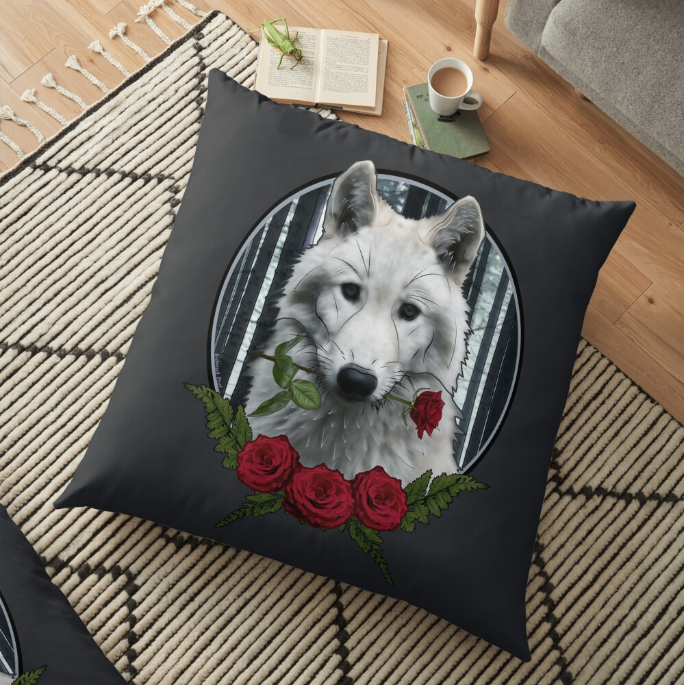 Wolf with Rose - Graphic Style Floor Pillow