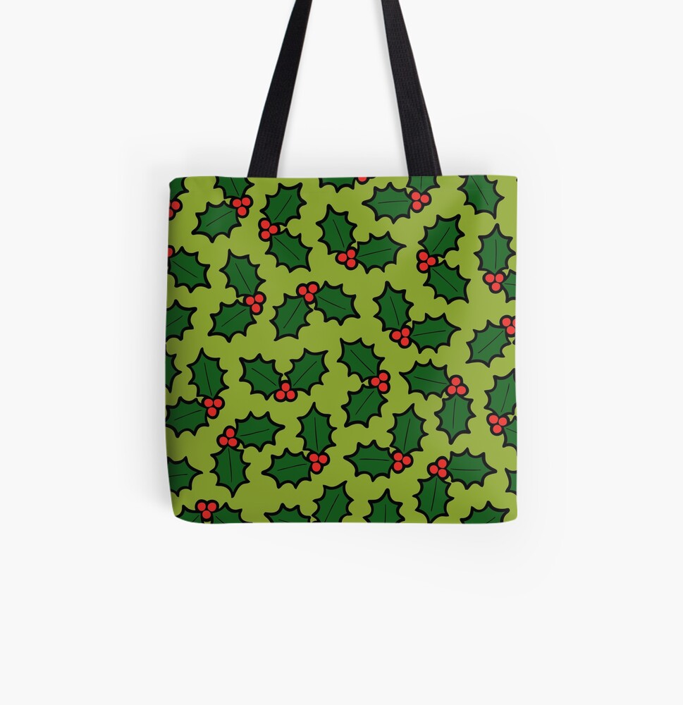 Holly Leaves and Berries Pattern in Light Green All Over Print Tote Bag