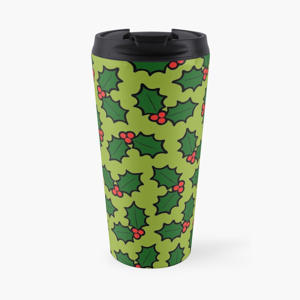 Holly Leaves and Berries Pattern in Light Green Travel Mug