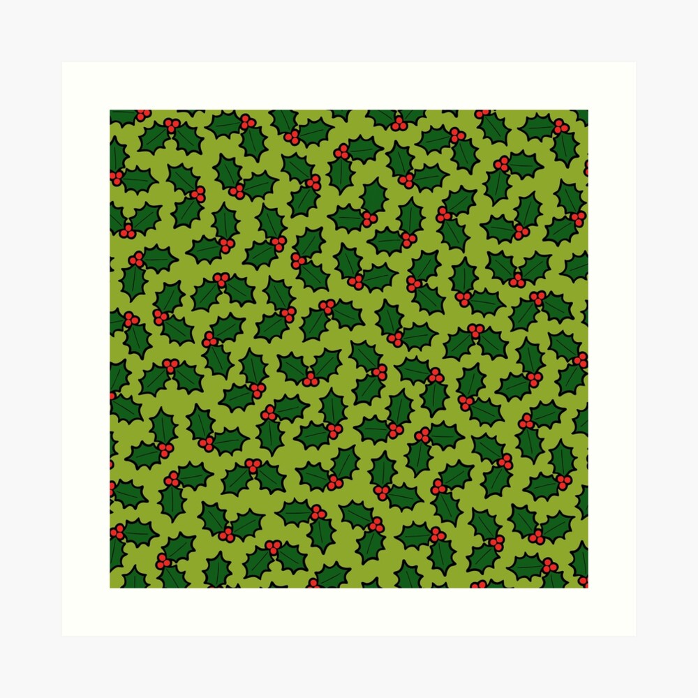 Holly Leaves and Berries Pattern in Light Green Art Print