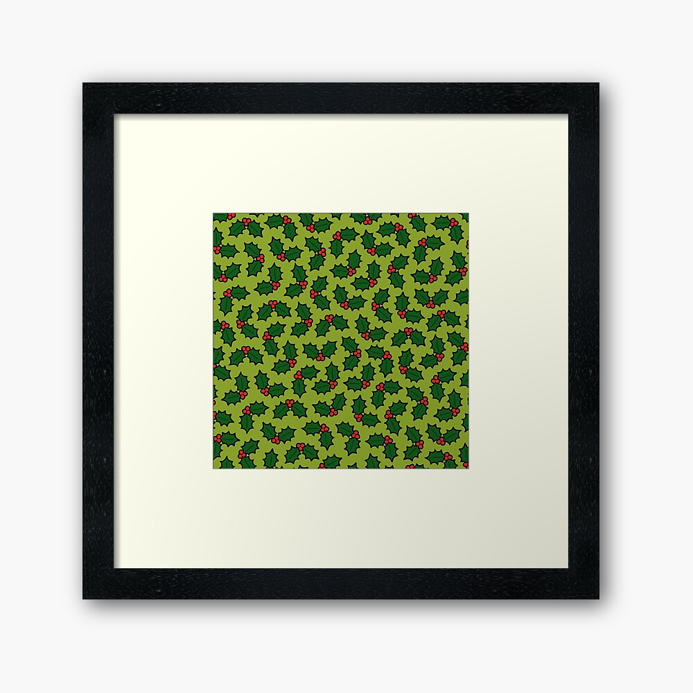 Holly Leaves and Berries Pattern in Light Green Framed Art Print
