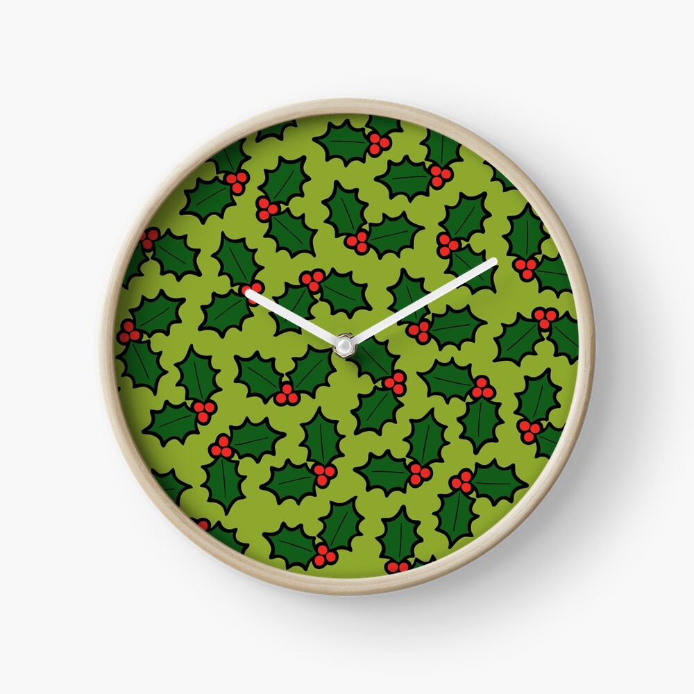 Holly Leaves and Berries Pattern in Light Green Clock