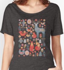 Seamless pattern with winter forest, deer, owl and Fox. The Scandinavian style. Women's Relaxed Fit T-Shirt