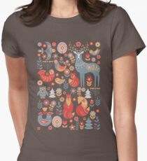 Seamless pattern with winter forest, deer, owl and Fox. The Scandinavian style. Women's Fitted T-Shirt