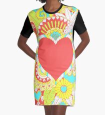 Colorful Flowers and Hearts Art Graphic T-Shirt Dress
