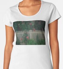 Pink Roses Growing on a White Picket Fence Women's Premium T-Shirt