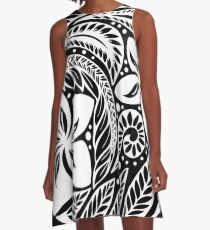 Zirkuläre polynesische weiße florale Tätowierung A-Linien Kleid