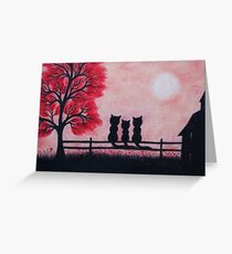 Cats Silhouettes with Red Tree, Flowers, House and Moon Greeting Card