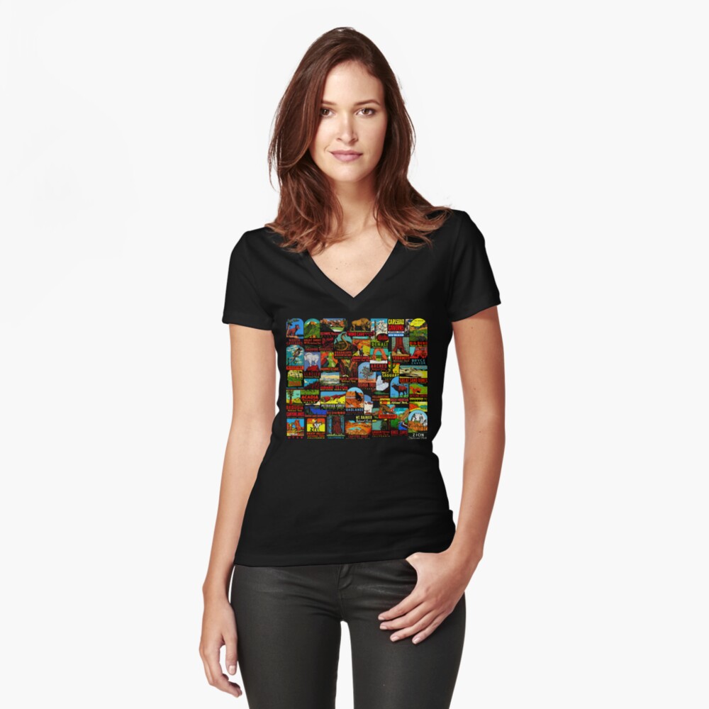 American National Parks Vintage Travel Decal Bomb Fitted V-Neck T-Shirt