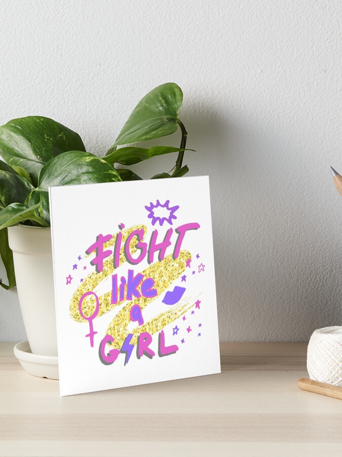 Fight Like A Girl Hand Drawn Lettering With Lipstick Kiss Female Gender Sign Mirror Of Venus And Stars On Golden Glitter Paint Background Art