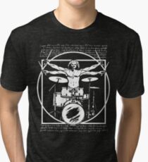 DA VINCI DRUMMER - VITRUVIAN MAN PLAYING THE DRUMS - LEONARDO DA VINCI VITRUVIAN MAN PARODY FOR DRUMMERS Tri-blend T-Shirt