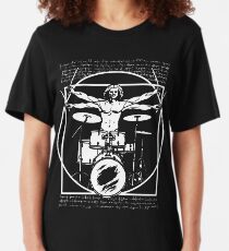 DA VINCI DRUMMER - VITRUVIAN MAN PLAYING THE DRUMS - LEONARDO DA VINCI VITRUVIAN MAN PARODY FOR DRUMMERS Slim Fit T-Shirt