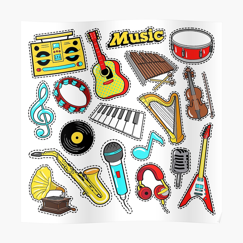 "Musical Instruments Doodle for Scrapbook, Stickers, Patches, Badges