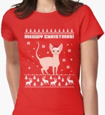 Sphynx Cat Meowy Christmas Shirt, Christmas Santa Cat Women's Fitted T-Shirt