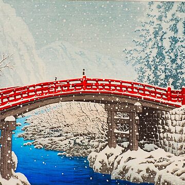 Vintage Japanese Woodblock Print East Asian Cultural Art Snow on the Sacred  Bridge [Kamibashi] at Nikko Kawase Hasui | Tote Bag