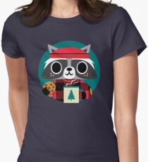 Raccoon in Red Buffalo Plaid Sweater Women's Fitted T-Shirt