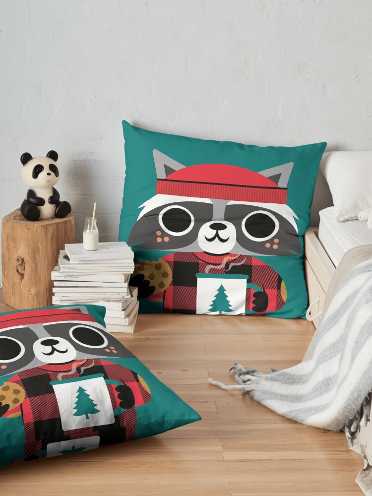 Alternate view of Raccoon in Red Buffalo Plaid Sweater Floor Pillow