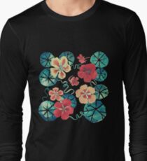 Watercolor Garden Nasturtiums. Dark Floral Pattern Long Sleeve T-Shirt