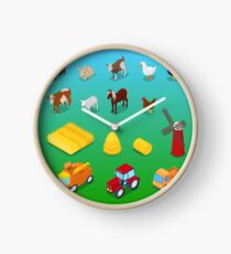 Isometric Farm Animals and Agricultural Transportation. Clock