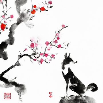 Sumi-e Japanese ink drawing, fox among plum blossoms Poster by