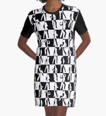 Black and White Checkerboard Retro 80s Disco Dancers Graphic T-Shirt Dress