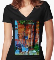 Rakes & Shovels Leaning on a Brick Wall in the Garden Women's Fitted V-Neck T-Shirt