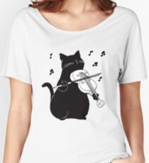 Black Cat Playing Violin Funny Musician Gift Women's Relaxed Fit T-Shirt