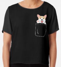 Corgi In Pocket T-Shirt Cute Paws Blush Smile Puppy Emoji Chiffon Top