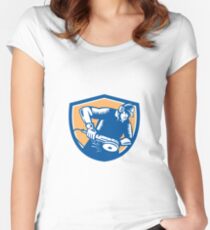 Metal Worker Operating Grinder Woodcut Retro Women's Fitted Scoop T-Shirt