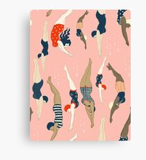 Diving ladies from a vintage era repeat pattern design. Lovely rose background Canvas Print