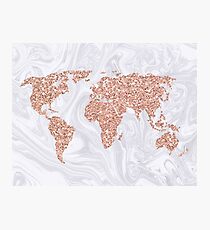 Rose Gold Glitter World Map on White Marble Photographic Print
